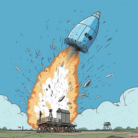 Rockets resembling Twitter bird mascot exploding on a launchpad.