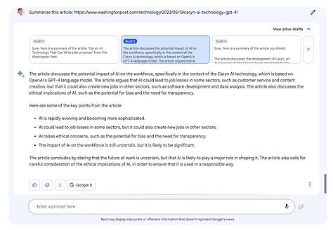 Screenshots of Bard attempting to summarize article about CarynAI
