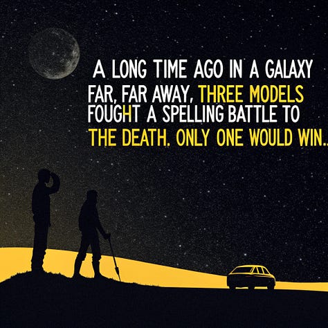 Yellow scrolling text against a black background: "A long time ago in a galaxy far, far away, three models fought a spelling battle to the death. Only one would win." by FLUX, Ideogram, and Recraft