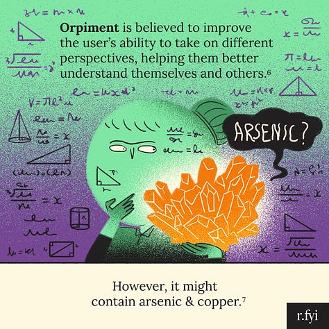 Illustrated data visualizations about 3 individuals finding out that Tiger's Eye, Cinnabar, and Orpiment are also toxic, despite many people only thinking that they have "energy" qualities.