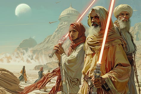 AI Gen images of mystics with laser powered swords.