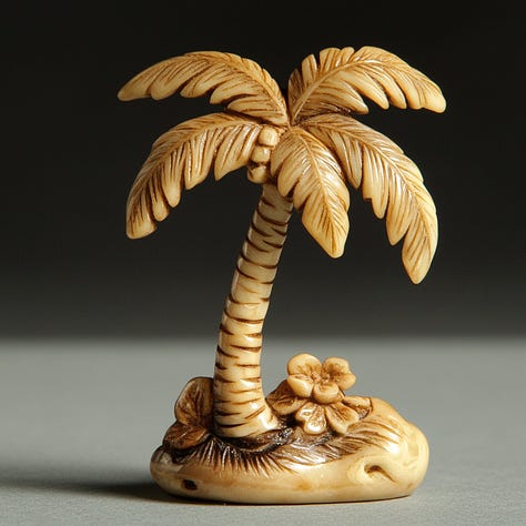 Gnome, palm tree, spaceship netsuke in Midjourney