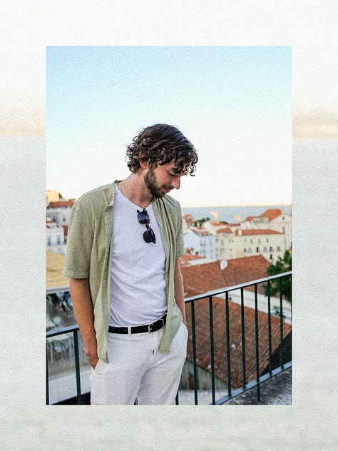 Photos of blue and white tiles, orange rooftops, and cathedral cloisters in Portugal, with a young white man and woman in frame