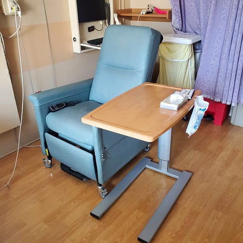 A photo of an unmade patient bed, a photo of my selfie with a smile crowwing a thumb and an index finger to form a mini heart, a hospital recliner with a side table