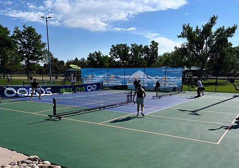 Pictures of players on pickleball courts in tournament play