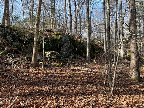 A stone construction in the woods against a cliffside.