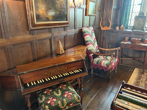 The music room, Westwood Manor House, Wiltshire. Two rare musical instruments, a virginal and spinet. 