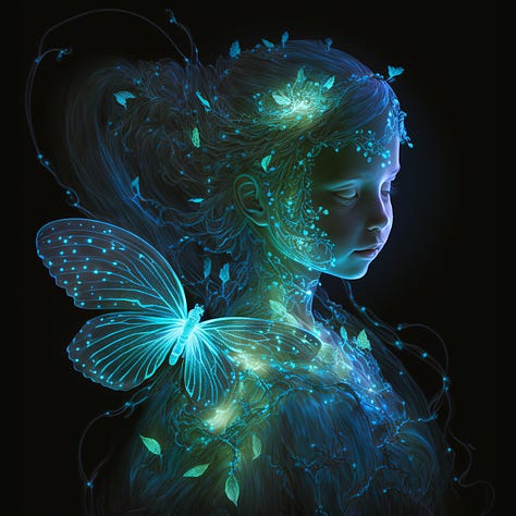 A woman with her eyes closed and stars in her hair. A bioluminescent girl covered in gossamer lace with a butterfly. A bioluminescent rose.e