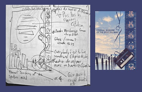 visual references of Gokaiju's sketchbooking process next to the finished pieces. Small messy thumbnail illustrations with arrows pointing to scribbled notes in French.