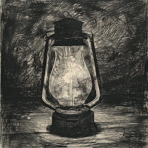 Dog, lamp, meadow - drypoint