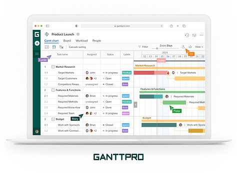 GanttPro screenshot demonstrating features for streamlined project planning, including task scheduling, resource allocation, and progress tracking.