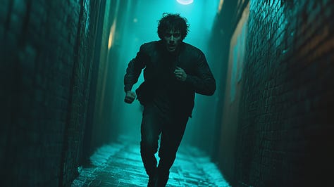 A cinematic still of a man running through a narrow alleyway at night, close-up shot, cool blue and green lighting with high contrast, urgent and thrilling escape scene, shot on an Arri Alexa, 8K.