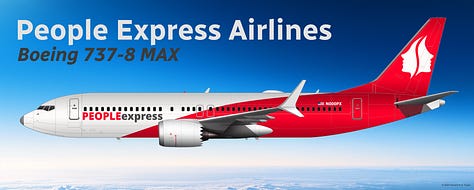 The current People Express Airlines fleet: 1) Boeing 737 MAX 8, and 2) Boeing 737-800, 3) Boeing 737-700.