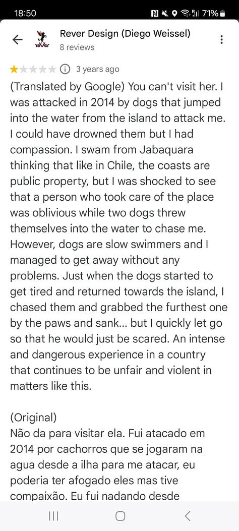 A very negative review of the Ilha dos Pássaros, a text message reading, "Gabriela is an Argentinean who married my friend Marcelo, they have a son and live in the village of Provetá Ilha Grande, they are trustworthy," and a text message reading, "Good evening Mrs David! Is everything ok with you at the house and on the beach in Provetá Ilha Grande? I dive a lot in the sea. Do you dive a lot in the sea?"