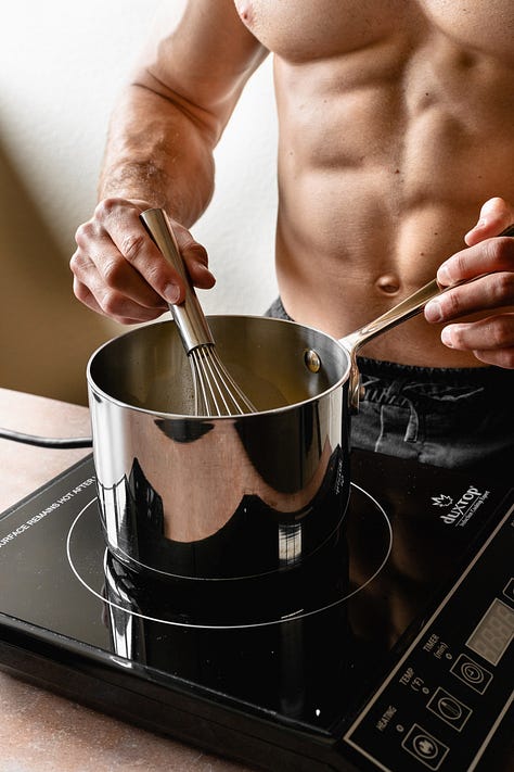 Shirtless man in black pants makes vegan lemon curd step-by-step process shots