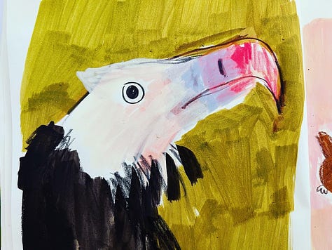 illustrations of people and a vulture drawn by Beth Spencer