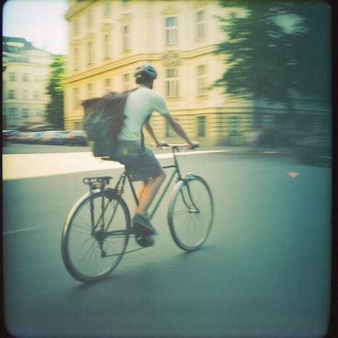 Rabbit, cyclist, and cactus + Lomography in Midjourney