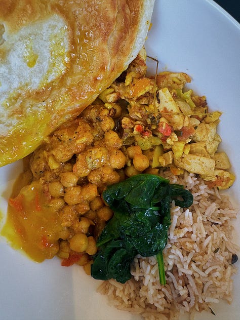 three images of vegan, jamaican cuisine, showcasing ackee, roti, rice and peas, and palm hearts.