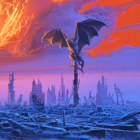 LEFT: Detail from MEATLOAF ASCENDANT featuring a solitary figure standing at the edge of a ruined overpass looking down at a bat demon perched on the ruined spire of a skyscraper. CENTER: Detail from MEATLOAF ASCENDANT featuring a solitary figure standing at the edge of a ruined overpass. Patterns in the clouds show him mounted on a motorcycle, a call back to the battle with the bat demon. RIGHT: Detail from MEATLOAF ASCENDANT featuring the bat demon perched on a ruined spire in the ruins of a city where barely anything still stands.