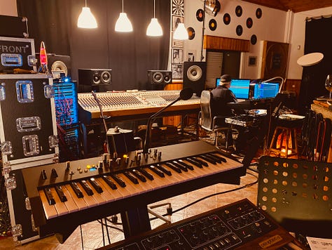 Inside the Supertone Records studio, showing lots lots of analog keyboards