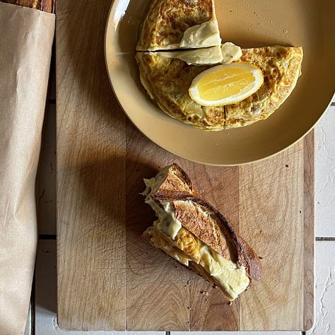 Frech stick, spanish omelette, egg sandwich