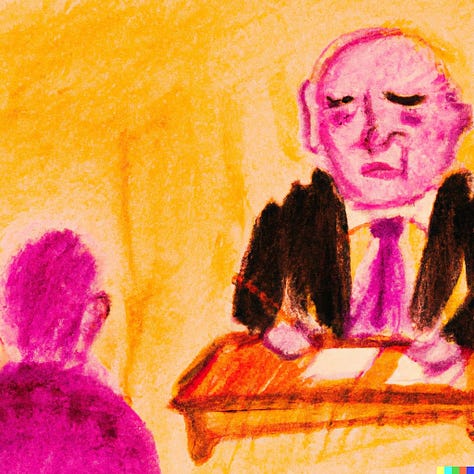 Pink and yellow sketches of courtroom drama