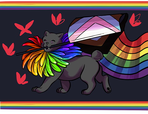 Mascot, Bo the Cat, depicted as a lion holding a progressive flag in their mouth, a sticker and bracelet Bo holding a heart with Tai the butterfly on top of the heart, and lastly a drawing depicting Bo and Tai wearing rainbow sunglasses as Bo holds an agender flag while doing finger guns. Above the sunglasses Bo is hearts and flowers framing the words "Pride Month".