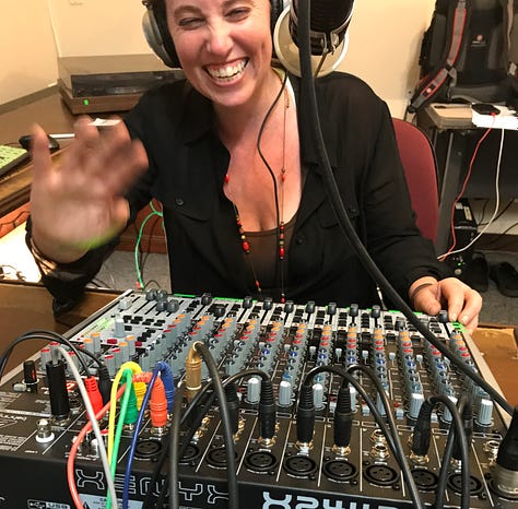 Three photos. 1. A young man at a mic in a radio broadcasting studio. 2. A young woman interviews a young person. 3. A woman siting at a soundboard laughs.