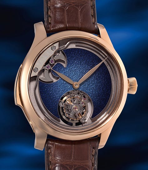 a Cartier Lantern Clock, A Breguet 3357 on bracelet, a Romain Gauthier HM, a De Bethune DB28GS JPS, a Krayon Anywhere, an H. Moser & Cie. Minute Repeater, an Urwerk WR-220 Miami Vibe, a BVLGARI Octo Finnissimo Minute Repeater, and an MB&F x H. Moser LM101 Red