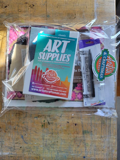 image of the studio, two friends with artworks, and a bag of art materials from Artist and craftsman