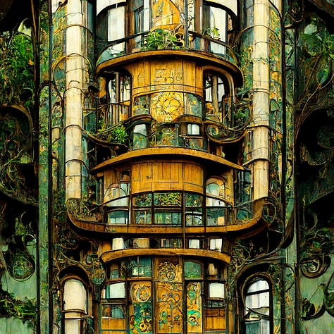 Some images I created with Midjourney using the keywords, “Art Nouveau” and “Solarpunk”, among others.