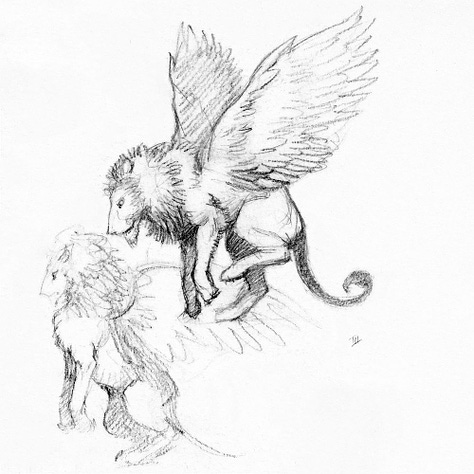 LEFT: Detail of DELIRIUM'S MISTRESS featuring a raven haired young woman riding on the back of a winged white lion with powder blue mane. Her patterned cloak, black trimmed with red, billows as it catches the wind. The background sky is traced with  upward drifting wisps of clouds. CENTER: Lion creature sketches. Graphite pencil on paper - 11" x 8 ½". One figure shows it perched on hind legs ready to leap upward. The other shows it with wings wide and four paws approaching a delicate landing. RIGHT: Close detail of DELIRIUM'S MISTRESS featuring the young woman leaning forward to grip the powder blue mane of the lion. It's white feathery wings are spread wide as is scans the ground below. The rider's eyes are focused in the distance as her black cloak trimmed with red billows. The cloak is speckled with golden orbs. A rounded jewel sits upon her chest where the fabric of her top crosses to cup her breasts. Her arms and midriff are bare, and her skirts ride low on her hip with an opening at the side. The fabric is patterned with pale red dots mixed with larger starbursts.