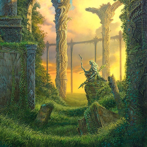 LEFT: Detail from EMPIRE OF GRASS featuring a statue kneeling among ancient ruins overgrown with grass and ivy. She holds a bow one-handed with an arrow knocked. In the other, she lightly grips a long spear with the tip angled down. CENTER: Close detail from EMPIRE OF GRASS featuring the statue of a long haired woman in Sithi armor. She kneels with one leg flat on the ground and a bow with arrow knocked balanced on her raised knee. In her other hand, she holds an ivy covered spear with barbed head pointing down. Her focus is in the distance past a pillar carved with elven grace. The sky beyond is a mix of gray clouds and golden light. RIGHT: Close detail from EMPIRE OF GRASS featuring a long sword and shield discard on grassy steps. Another skull and a dagger rest on the step above.