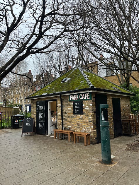 Streets in Clerkenwell, lovely bookshop and park cafe Clerkenwell Kiosk