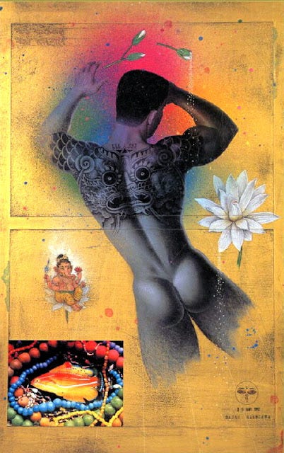 1) The backside of a man with a half-tattooed back is seen against a yellow background. There is white lotus flower to his right, and a spiritual symbol on his left. There is a rainbow gradient surrounding his head and shoulders, and he has a very muscular butt. 2) The backside of a fully tattooed muscular man is seen on a red background. He is covered in traditional Japanese tattoos, and there are different colored circles with Japanese text around him, as well as a white swirl. His arms are behind his head, one hand crossed over the other.3) The backside of a fully tattooed muscular man is seen on a dark green background. He is covered in traditional Japanese tattoos, and he is wearing a white, braided rope thong. There is some Japanese text in the top right corner, and on the left side of his butt. 4) The backside of a fully tattooed muscular man is seen on a white background. He is covered in blue and white traditional Japanese tattoos, and he is wearing a red braided rope thong. There are small splashes of color around his body, as well as some Japanese text in the top right corner. 5) The backside of a fully tattooed muscular man is seen on a blue gradient background. He is covered in traditional Japanese tattoos, and there are different colored circles with Japanese text around him, as well as a white swirl. His arms are behind his head, one hand crossed over the other.
