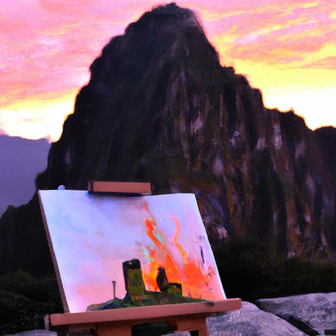 Landscape paintings of Machu Picchu on fire being painted on an easel on Machu Picchu 