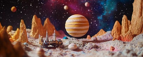 miniature diorama cardboard planet with space station in cosmic and psychedelic landscape