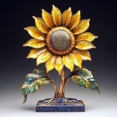 Sunflower, owl, hat + cloisonné in Midjourney