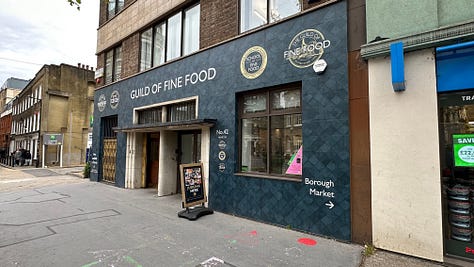 Charts showing great taste judging; a pie waiting to be to tasted with other judges in the background; the frontage of the offices in London, Great Taste Awards