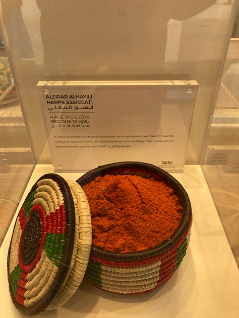 Three images of Saudi Arabian food. The first features a man in a typical headdress the second a woman wearing a black abaya, and the third a basket of spices.