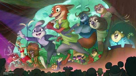 Disney ride posters for Zootopia, Indiana Jones, Animal Kingdom