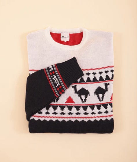 3 images of gift ideas: a jar of chocolate tahini, Bethlehem cookbook and a winter camel jumper