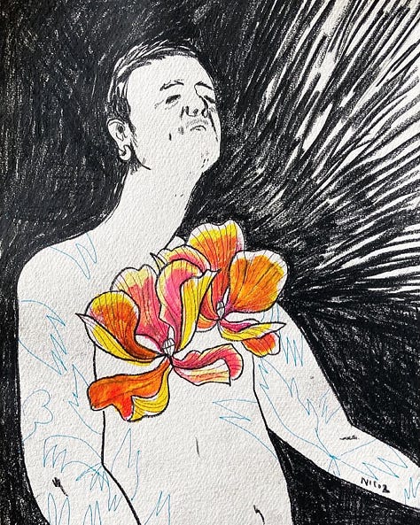 self portraits of the autor, naked, flowers blossoming form eyes, boobies, intimates parts :)