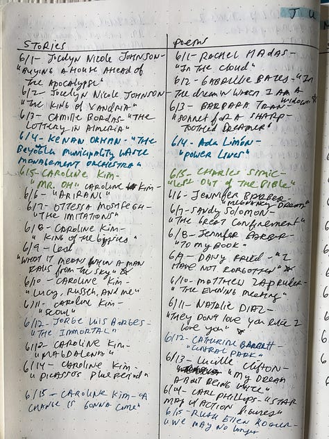 Hand-written lists of stories and poems read