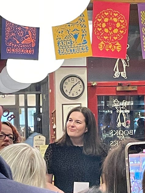 Images from Charlotte Pike's (pictured left) book (centre) launch at the shop Books for Cooks (right) held in west London