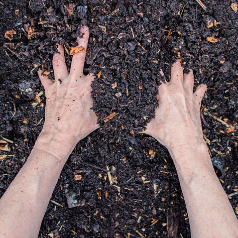 ritual, composting, process, hands in soil, abundant garden