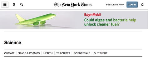 Digital and print greenwashing on algae-based fuels from ExxonMobil and New York Times