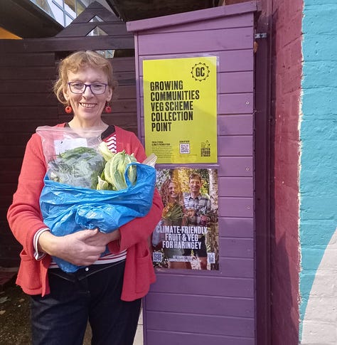 Growing Communities London veg box scheme, with images showing Mary one of the customers, the Stoke Newington Farmers' Market, and Millie Sandy's banner at Growing Communities' Clissold Park growing site.