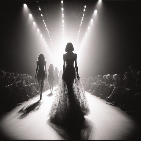 Pinhole photography capturing Fashion Week runway with slightly blurred tones.