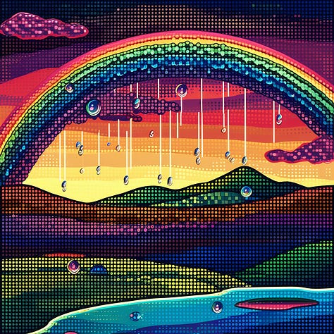 Microdot pixelated rainbows over colorful landscapes